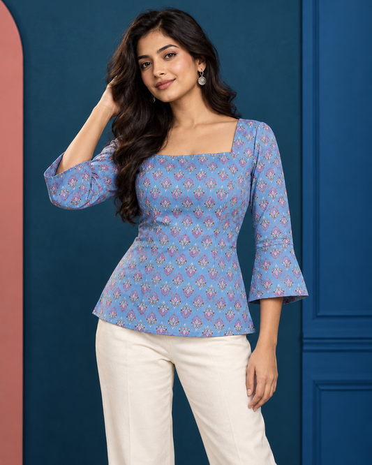Blue Floral Corset Short Kurti with Bell Sleeves