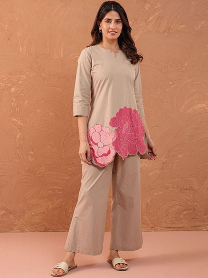 Pink Phool Embroidered Beige Co-Ord Set