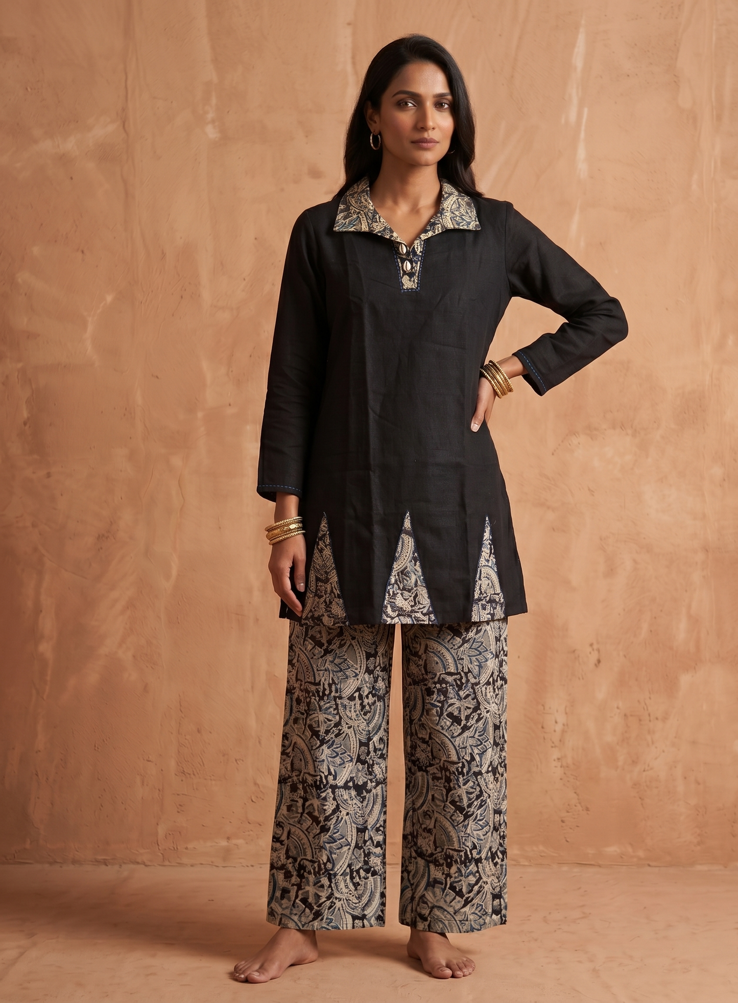 Premium Women’s Black Cotton Co-ord Set - Kalamkari Print Tunic & Wide-Leg Pant Set (2-Piece Ethnic Wear)