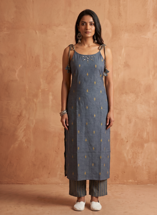 Handwoven Jamdani Cotton Strappy Kurta & Striped Trouser Set