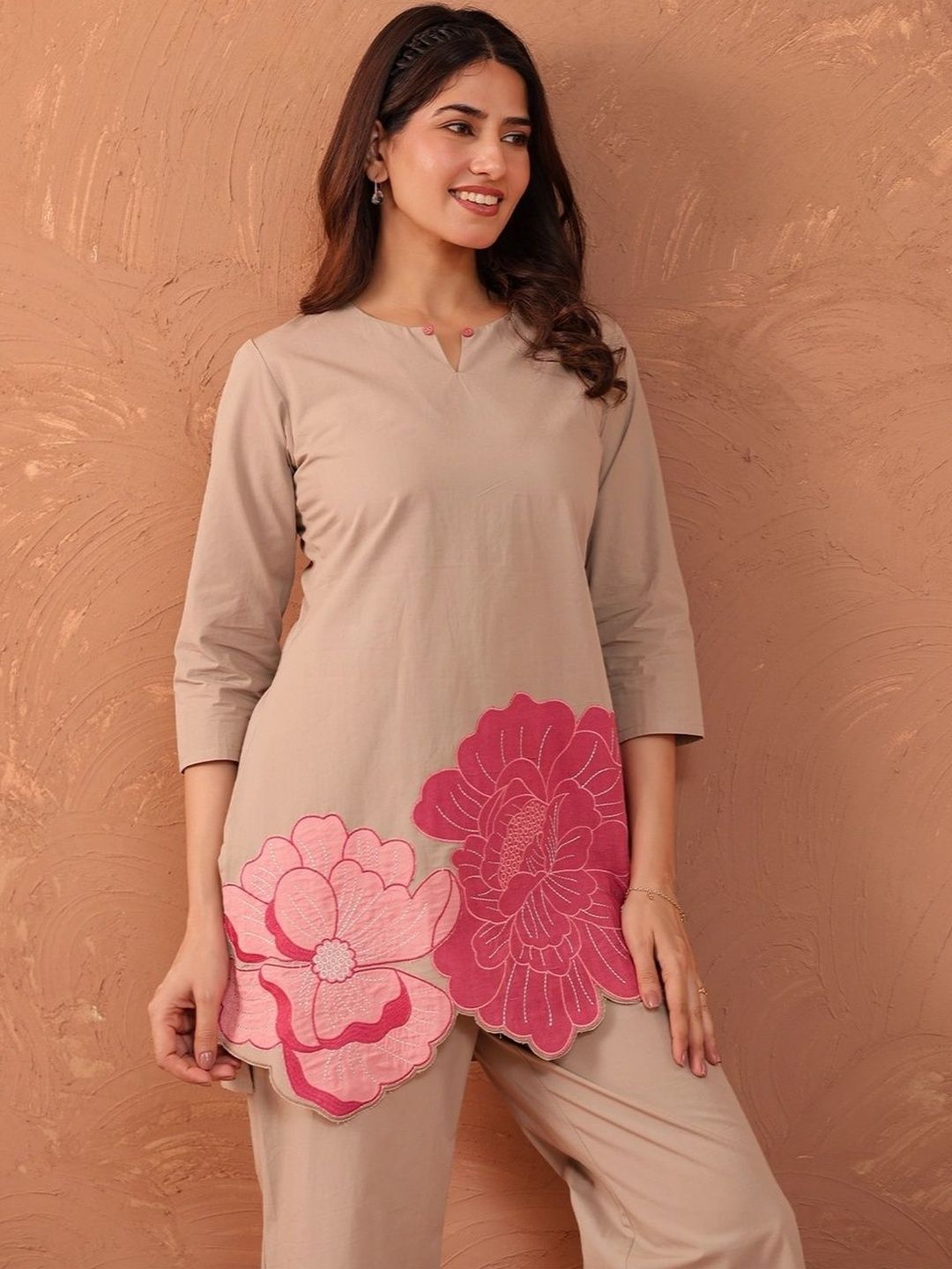 Pink Phool Embroidered Beige Co-Ord Set