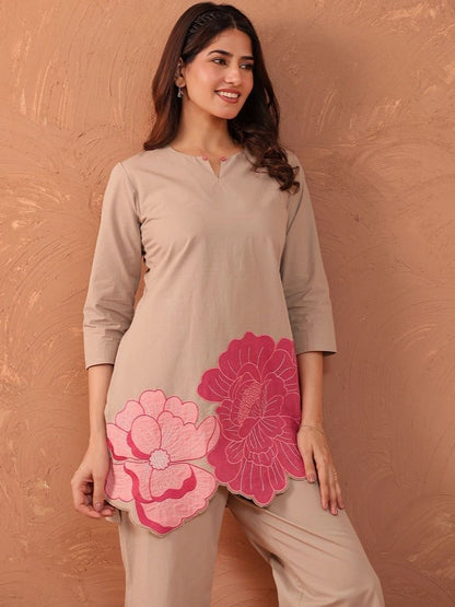 Pink Phool Embroidered Beige Co-Ord Set