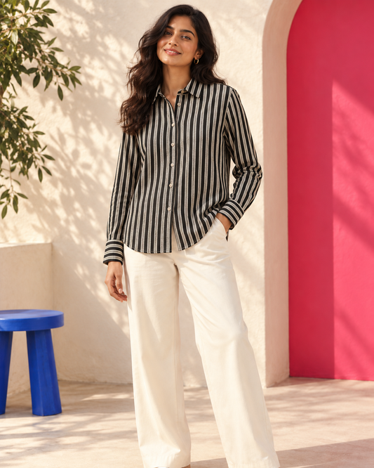 Heritage Black Cream Striped Block Print Shirt