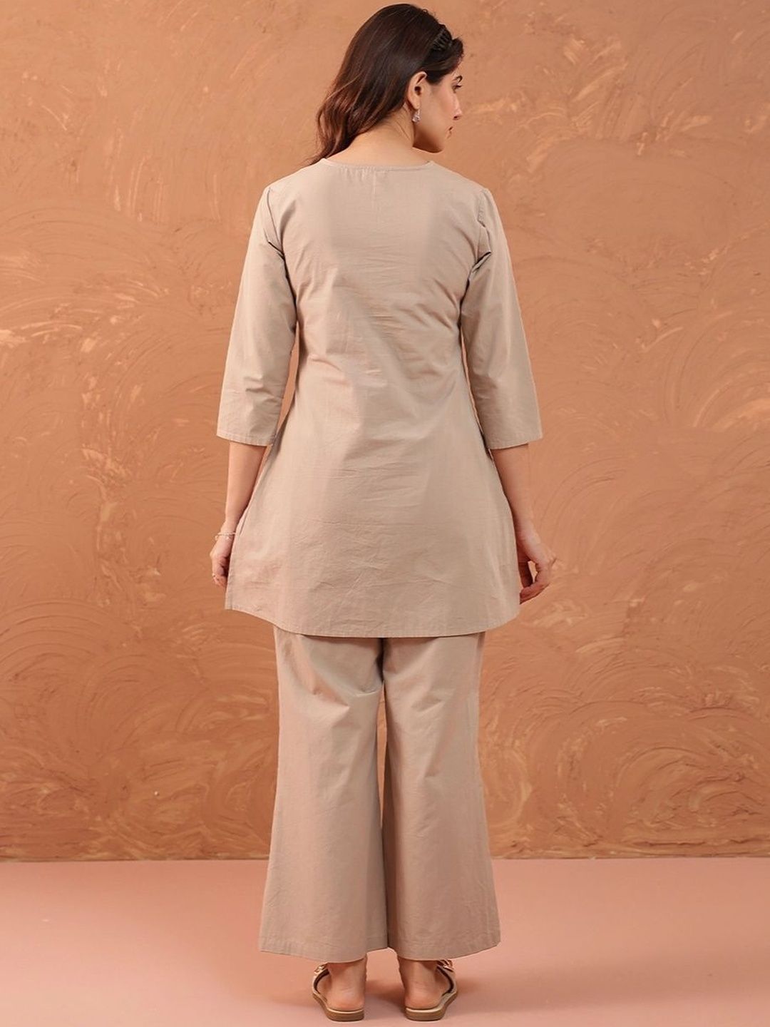 Pink Phool Embroidered Beige Co-Ord Set