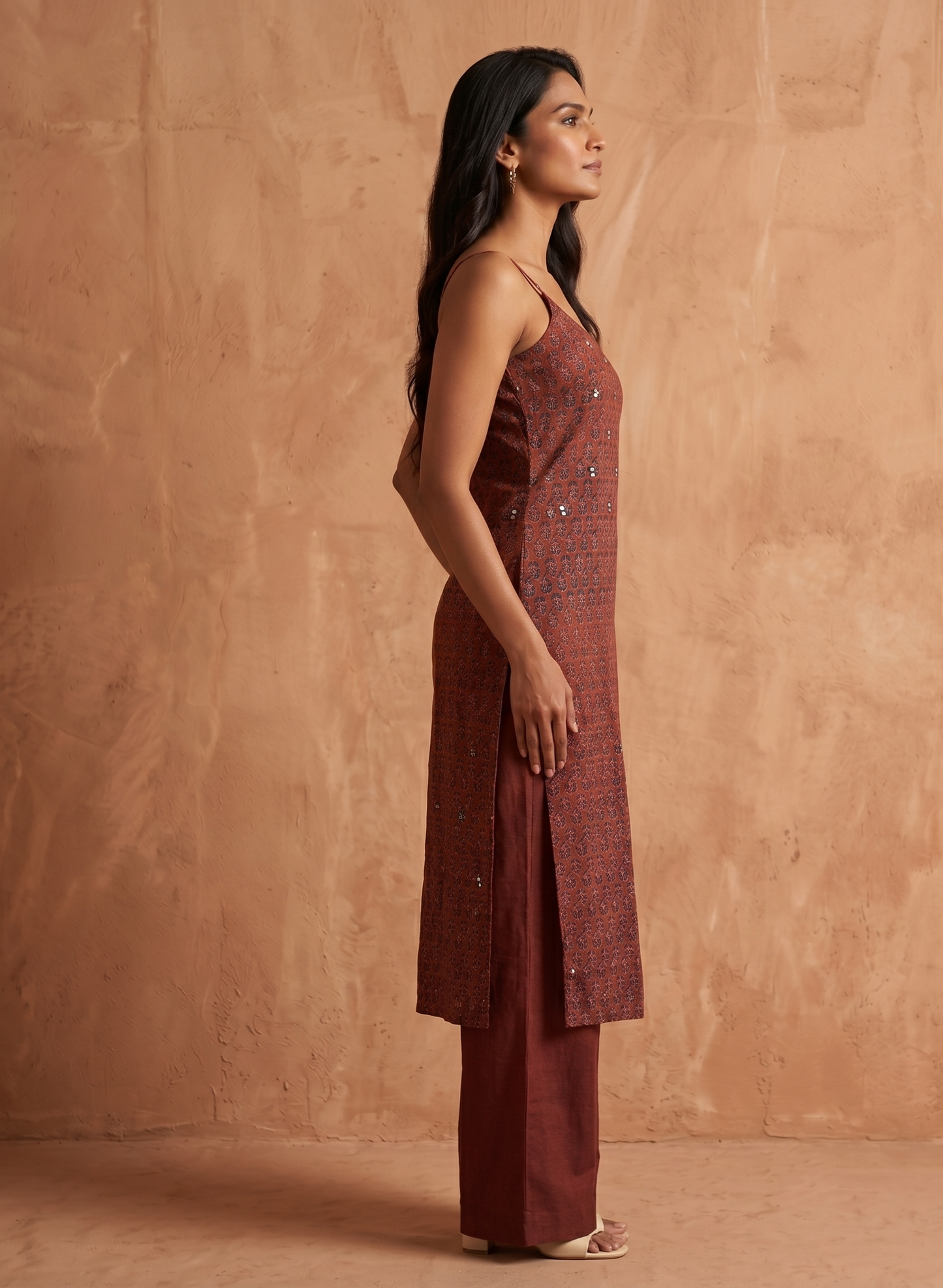 Maroon hand block Kurta Set with Subtle Mirror Work