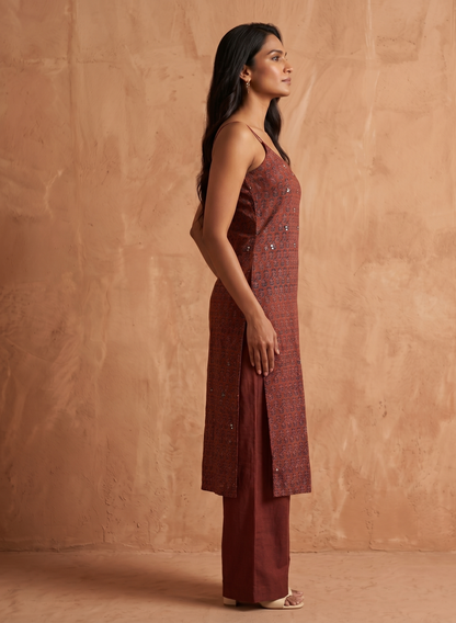 Maroon hand block Kurta Set with Subtle Mirror Work