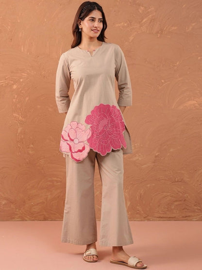 Pink Phool Embroidered Beige Co-Ord Set