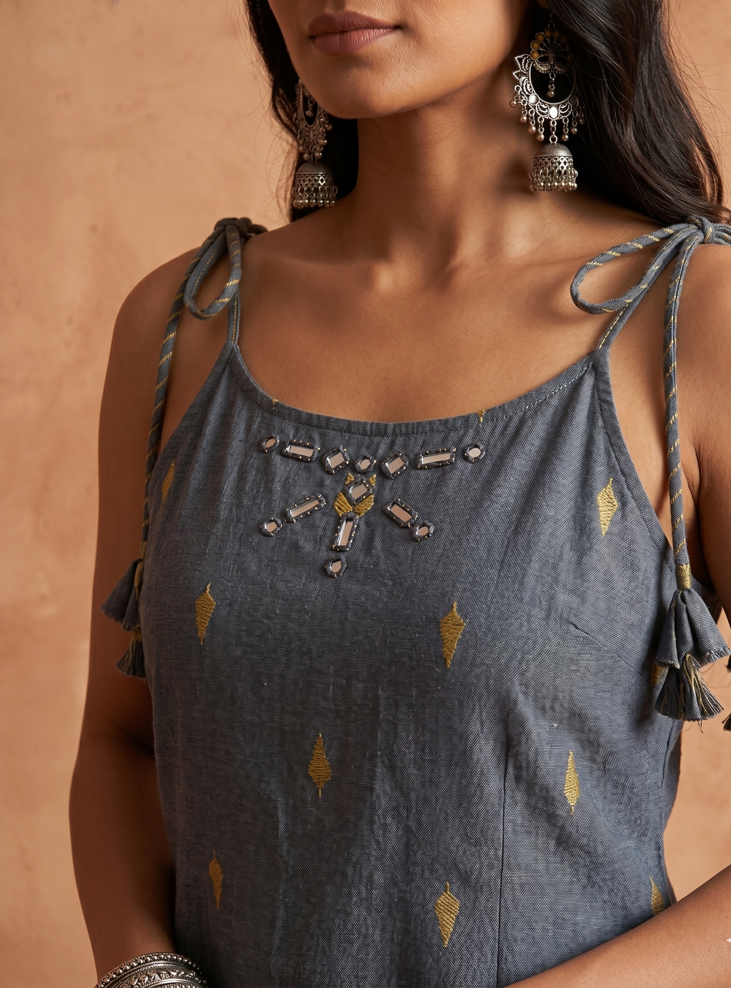 Handwoven Jamdani Cotton Strappy Kurta & Striped Trouser Set