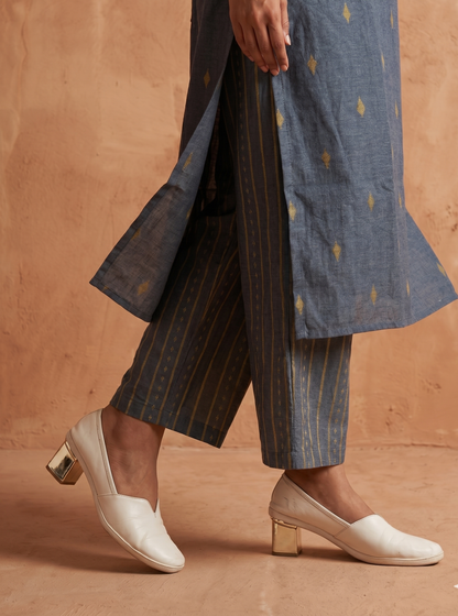 Handwoven Jamdani Cotton Strappy Kurta & Striped Trouser Set