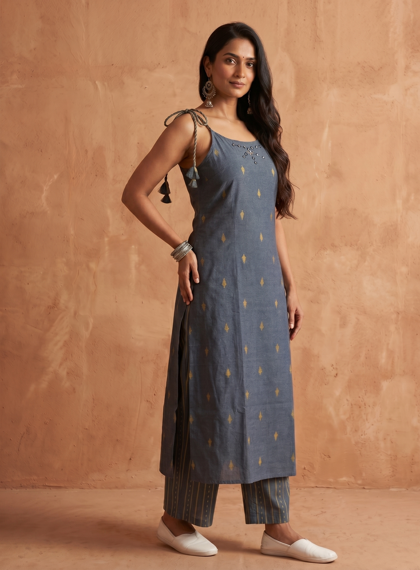 Handwoven Jamdani Cotton Strappy Kurta & Striped Trouser Set