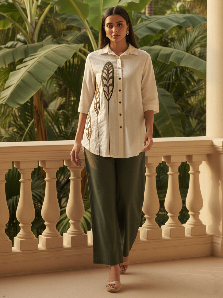 Leaf Motif Shirt & Olive Green Trouser Set