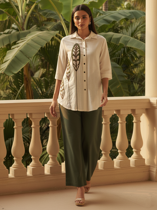 Leaf Motif Shirt & Olive Green Trouser Set