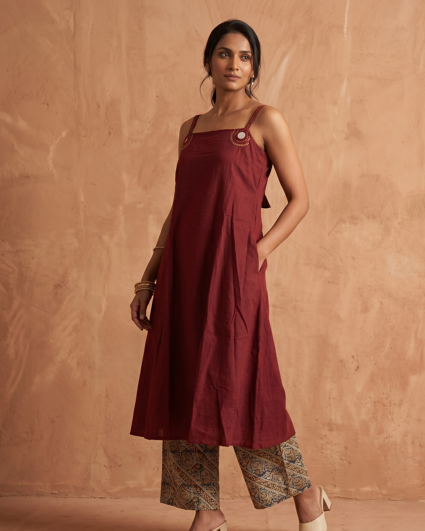 Maru Red A-Line Kurta with Ajrakh Print Pant