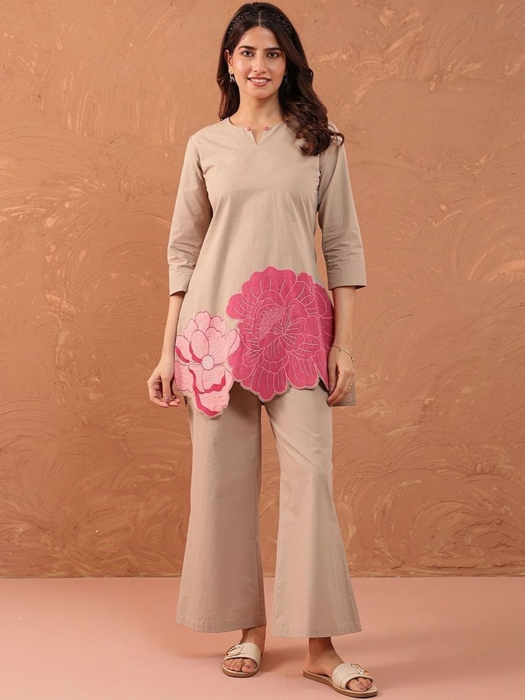 Pink Phool Embroidered Beige Co-Ord Set