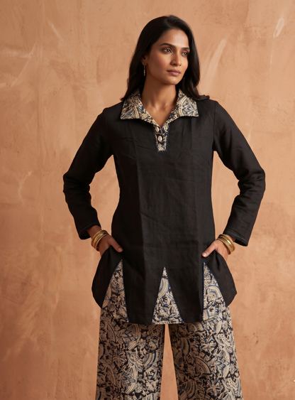 Premium Women’s Black Cotton Co-ord Set - Kalamkari Print Tunic & Wide-Leg Pant Set (2-Piece Ethnic Wear)