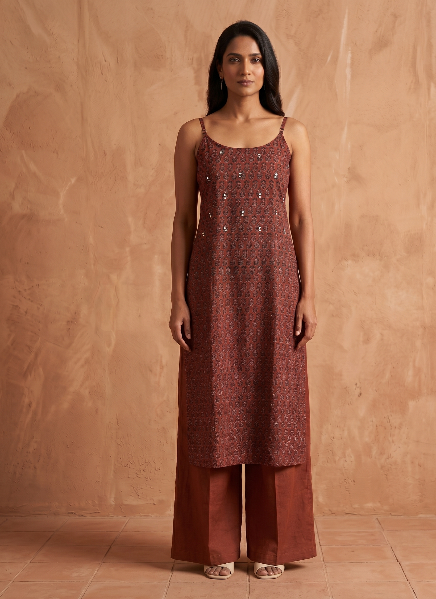 Maroon hand block Kurta Set with Subtle Mirror Work