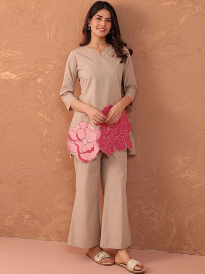 Pink Phool Embroidered Beige Co-Ord Set